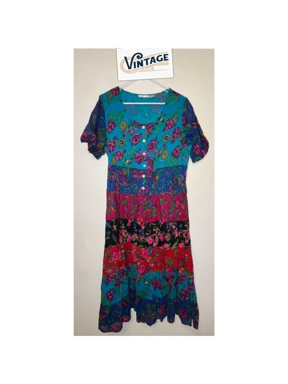 Vintage LA Cera 90's Boho Cottage Patchwork Midi Dress Med-Loose Whimsical Fit